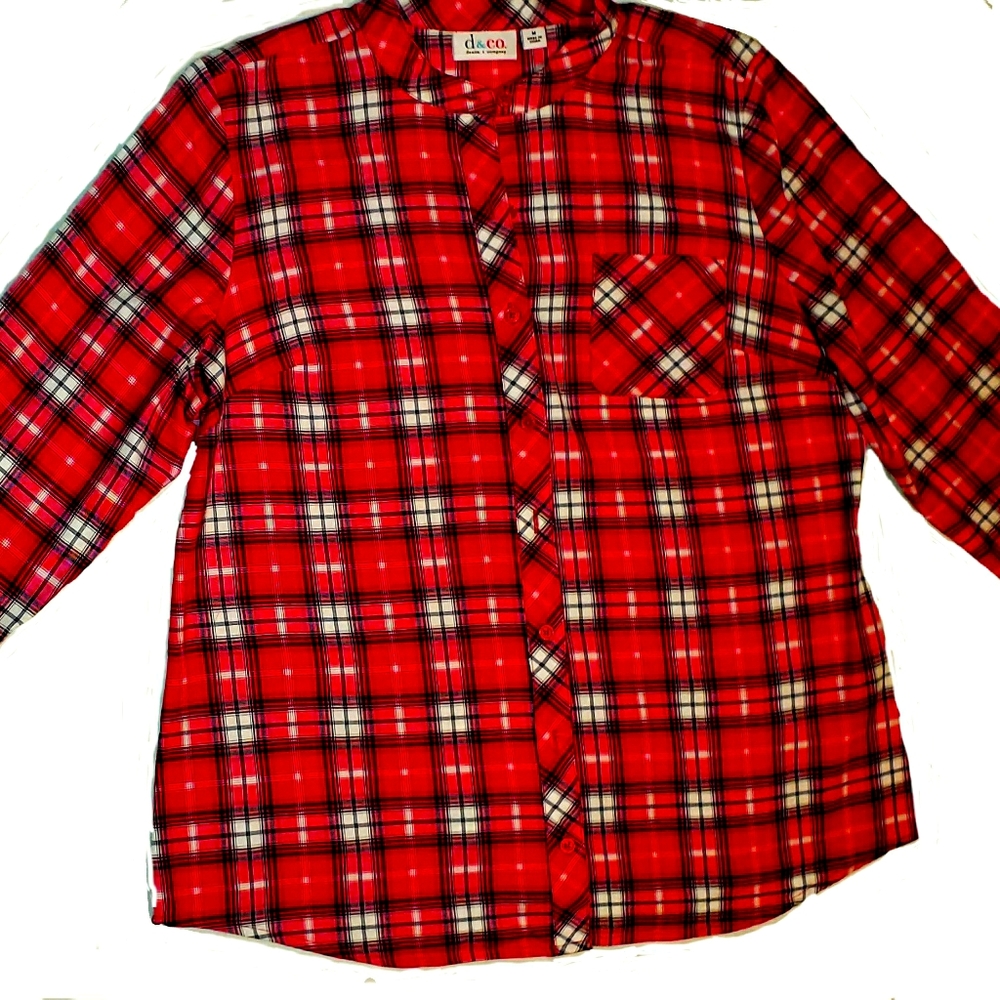 DENIM & CO. Red plaid button down colarless shirt